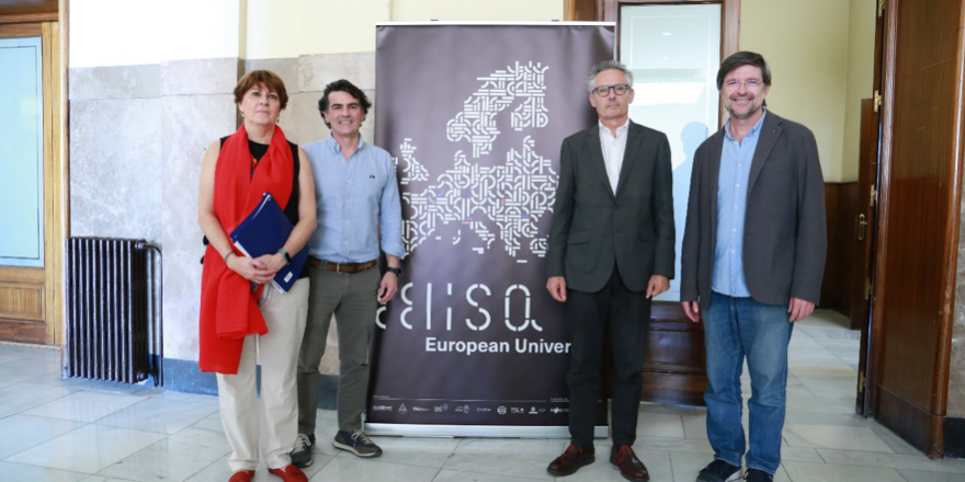 From left to right, UPM professors Lourdes Pomposo (organizer of the event), David Menoyo (coordinator of the EELISA community Sustainable Food Production), Alberto Garrido (coordinator of EELISA and vice-rector of Quality and Efficiency of the UPM) and Rafael Miñano (co-coordinator of the EELISA community ESCE). Credit: ETSIAAB.